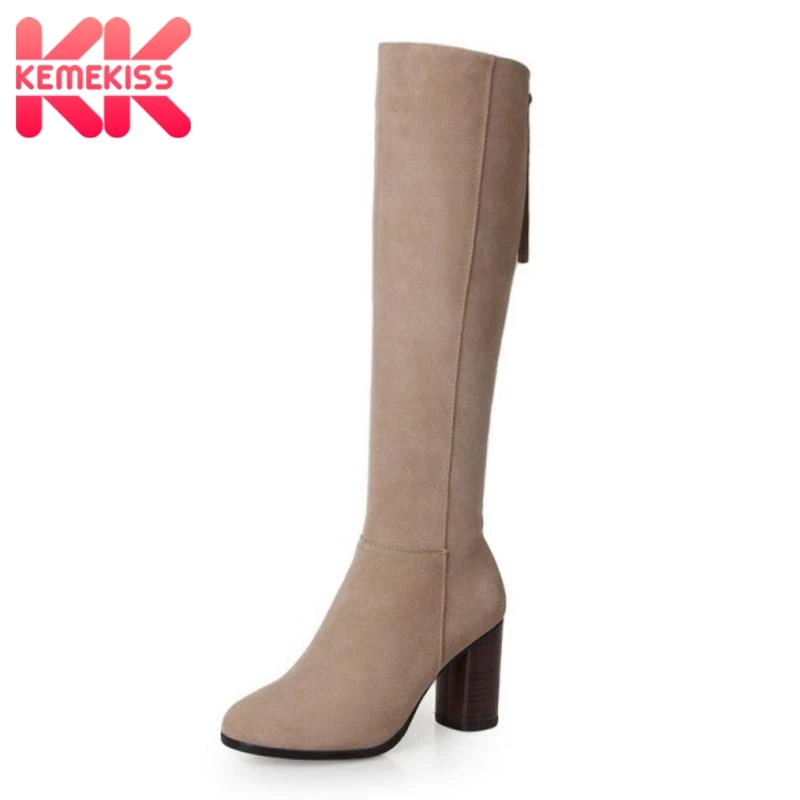 

KemeKiss New Round Toe Knee High Real Genuine Leather Boots Fashion Women Shoes Ladies Medium Heel Autumn Boots Size 34-39