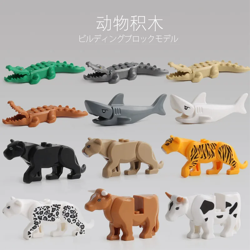 

For Panther Snow Leopard Crocodile Tiger Animal Cow Cattle Horse Shark Model Building Blocks Set Bricks kits Bricks Toys
