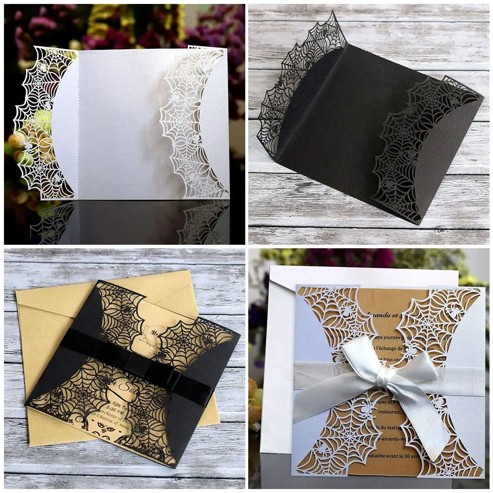  10PCS Laser Cut Halloween Party Invitations Lace Halloween Spider Web Invitation Cardinal Black Ope - 32899621493