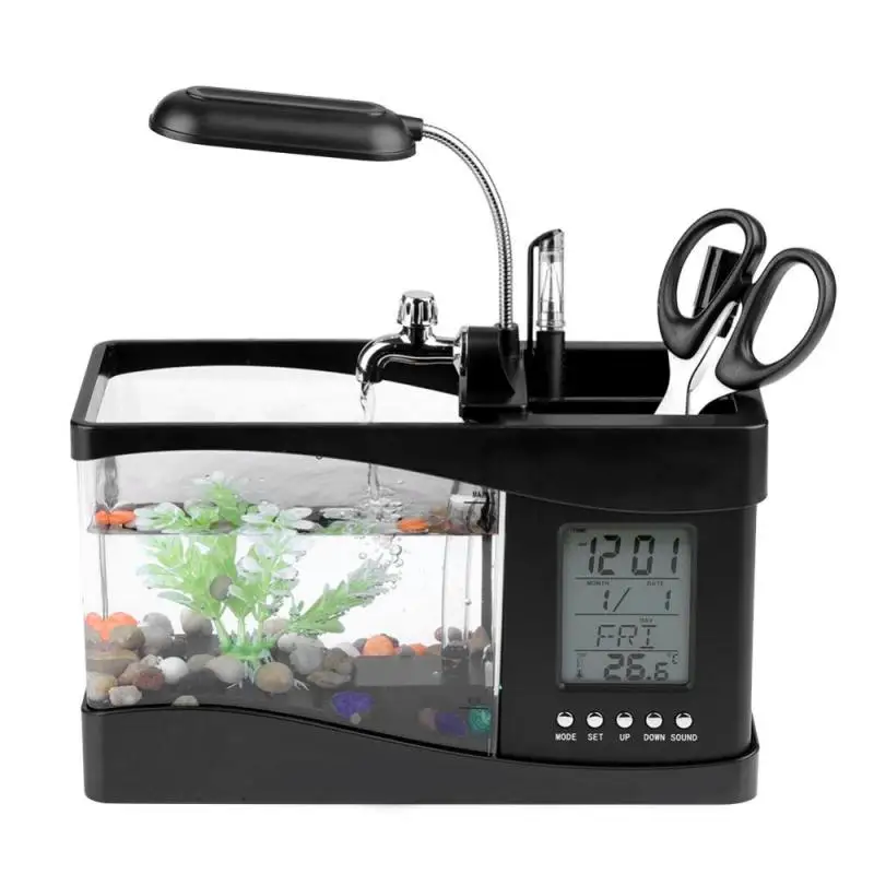 Аквариум USB мини аквариумные рыбки с светодиодный светильник жк-дисплей экран и часы аквариум