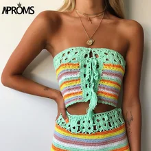 Elegant Colorful Striped Handmade Crop Top Summer 2019 Bikini Beachwear 90s Cool Girls Lace Up Off Shoulder Tube Tank Top Elegant Colorful Striped Handmade Crop Top Summer 2019 Bikini Beachwear 90s Cool Girls Lace Up Off Shoulder Tube Tank Top