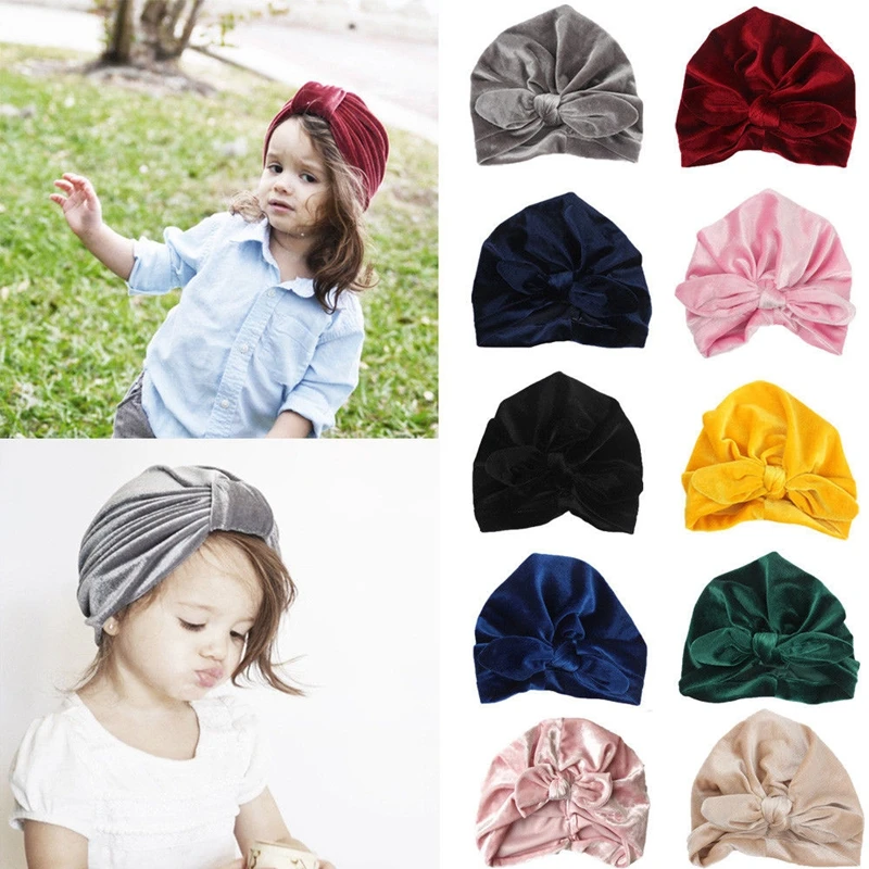 

Toddler Baby Soft Velvet Winter Hat Twisted Bowknot Turban Cap Bohemia Style Head Wrap