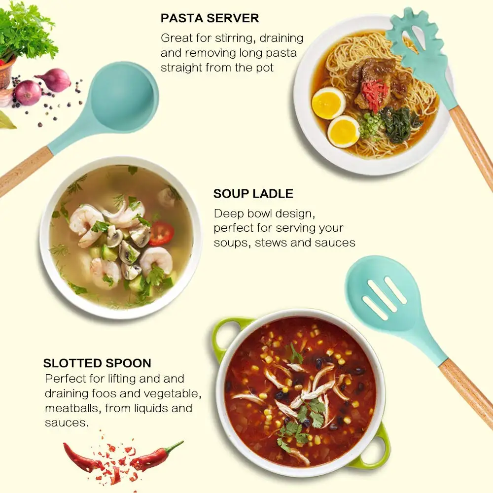 LMETJMA 11 Pieces Silicone Cooking Utensils Set Kitchen Cooking Tools Set With Natural Wooden Handle Nonstick Cookware KC0207