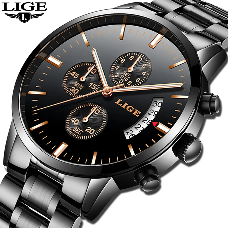 

2019 LIGE NEW fashion mens watches top brand casual quartz watch men's stainless steel waterproof sport watch Relogio Masculino