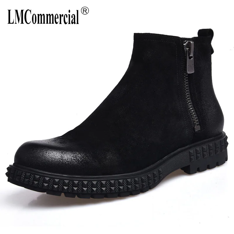 

New men's boots autumn and winter Chelsea boots men Genuine leather high-top shoes trend wipe color male Martins boots cowhide