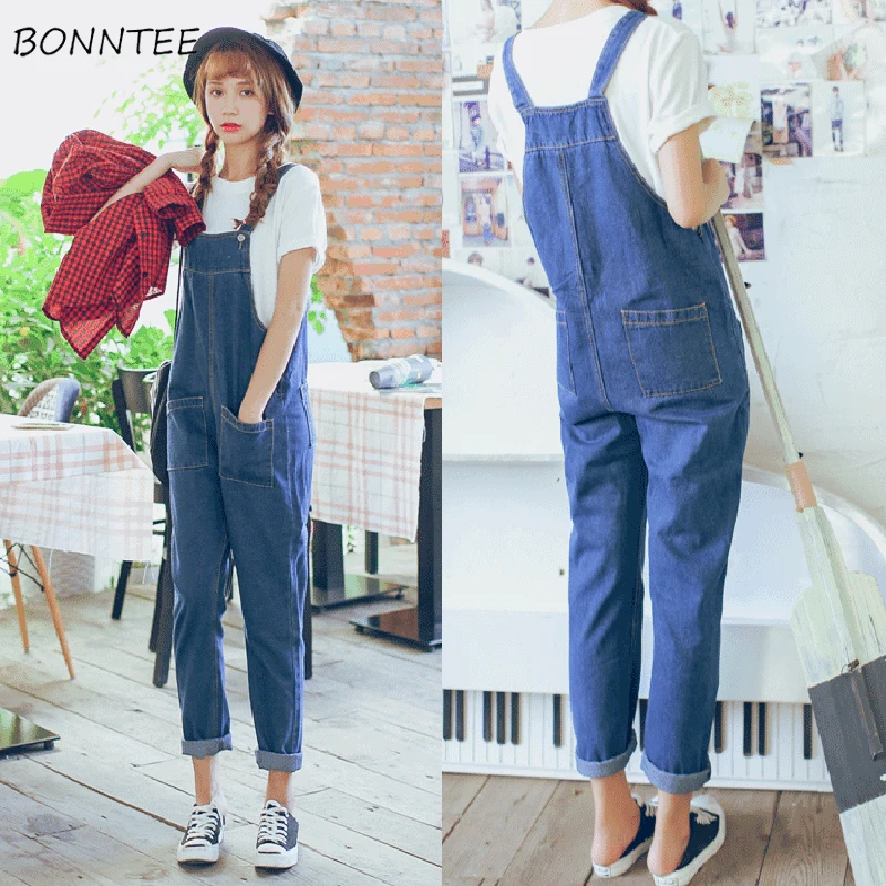 

Jumpsuits Women Denim Harajuku Korean Style Pockets Loose Casual Ladies Trendy Straight Womens Long Trousers Simple Students New
