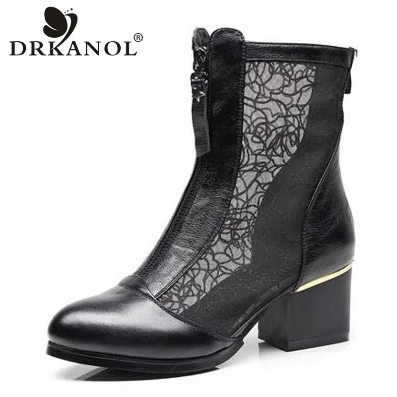 

DRKANOL Summer Cool Boots Women Genuine Leather Breathable Air Mesh High Heel Ankle Boots For Women Thick Heel Sandals Size 41