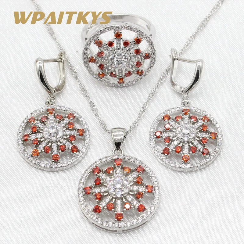 

Round 925 Silver Jewelry Sets Red White Purple 5 Colors Zirocnia for Women Necklace Pendant Earrings Rings Gift Box