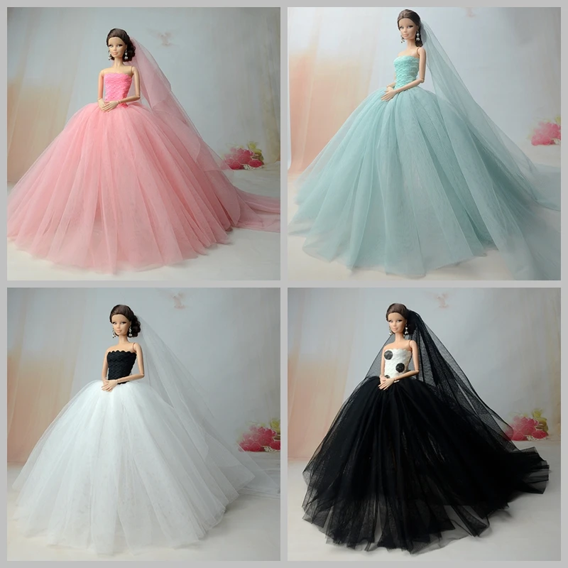 

Doll Dresses High Quality Long Tail Evening Gown Clothes Wedding Dress +Veil For Barbie Doll Accessories