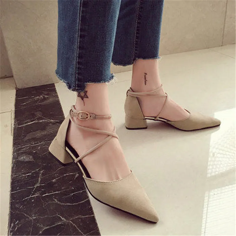 

Suede Square heel pumps women shoes 2019 summer shoes women Fashion Pointed Toe Buckle Strap sandals Riband Flock female shoes