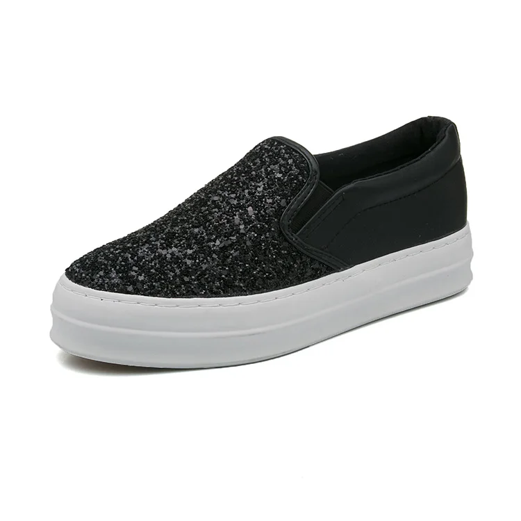 

Leather Women Flats Shoes Pointed Toe Thick Heel Ladies Loafers Slip On Black Casual Platform Glitter Shoes Fashion Espadrilles