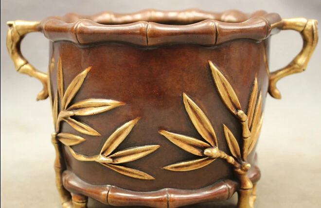 

wholesale factory 8" Chinese Purple Bronze 24K Gold Bamboo Statue Jar Tube Incense Burner Censer