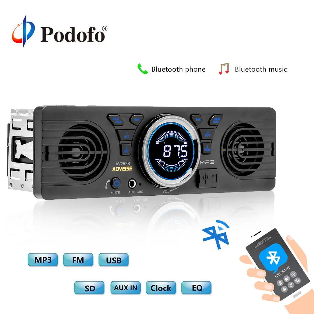 Podofo AV252B 12 V Bluetooth 1 Din Автомобильный Радио аудиоплеер электроника для транспортных