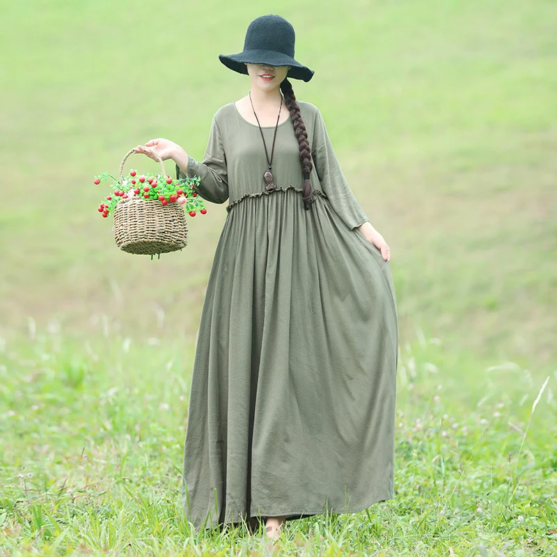 

Women Cotton Linen Ruffles Robe Dress Mori Girl Literary Vintage Boho Beach Loose High Waist Plus Size A-line Dress Vestidos
