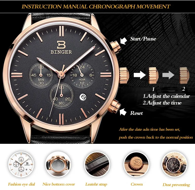 Мужские часы Топ люксовый бренд Бингер модные часы из натуральной кожи ремешок Водонепроницаемые многофункциональные кварцевые наручные часы подарок Горячая Распродажа