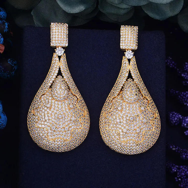 GODKI 65 мм роскошный тренд капли воды кубического циркония Naija Свадебная вечеринка серьги Модные ювелирные изделия для женщин - Окраска металла: Gold