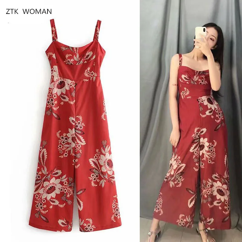 

Women Jumpsuit Ladies V-neck Sleeveless Playsuit Casual Loose Party Romper Bohemian Red Floral Print Floral Leotard Summer