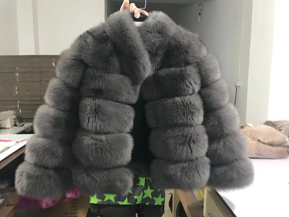 Розовая Java QC8139 новое поступление женское зимнее плотное меховое пальто куртка из натурального Лисьего меха высококачественное пальто из лисы верхняя одежда с воротником - Цвет: dark gray