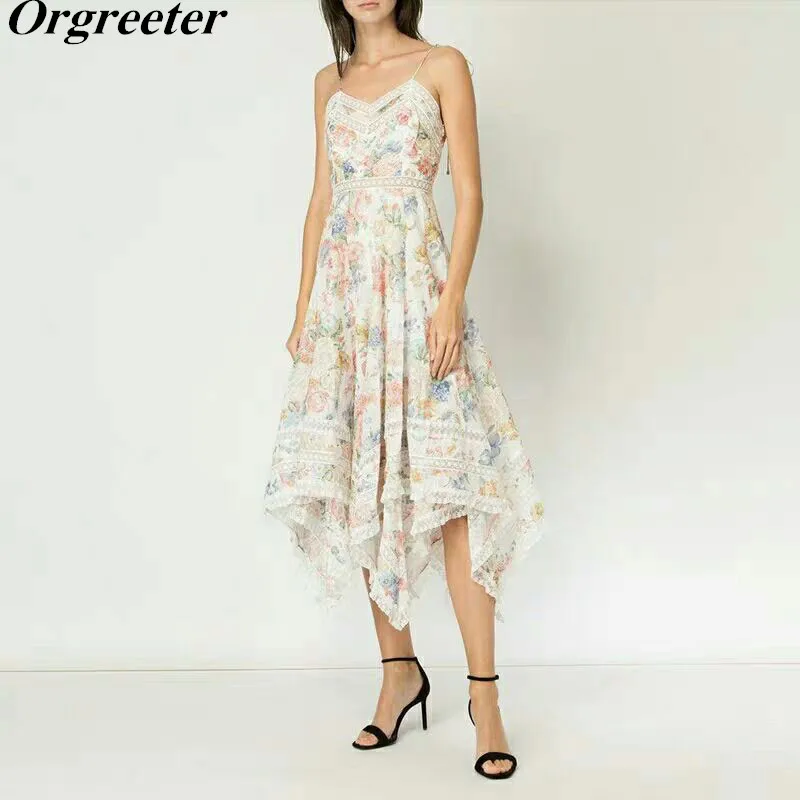 

Flower Print Long Dresses Women High Waist Lace Patchwork Ruffle Backless Spaghetti Strap irregular Dress Female 2019 Summer New