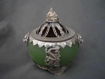 

collection Qing Dynasty silver&jade censer ,Free shipping
