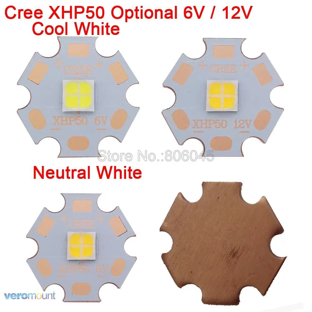 

Cree XHP50 6V or 12V 6500K Cool White, 5000K Neutral White, 3000K Warm White High Power LED Emitter on 16mm 20mm Copper PCB Base