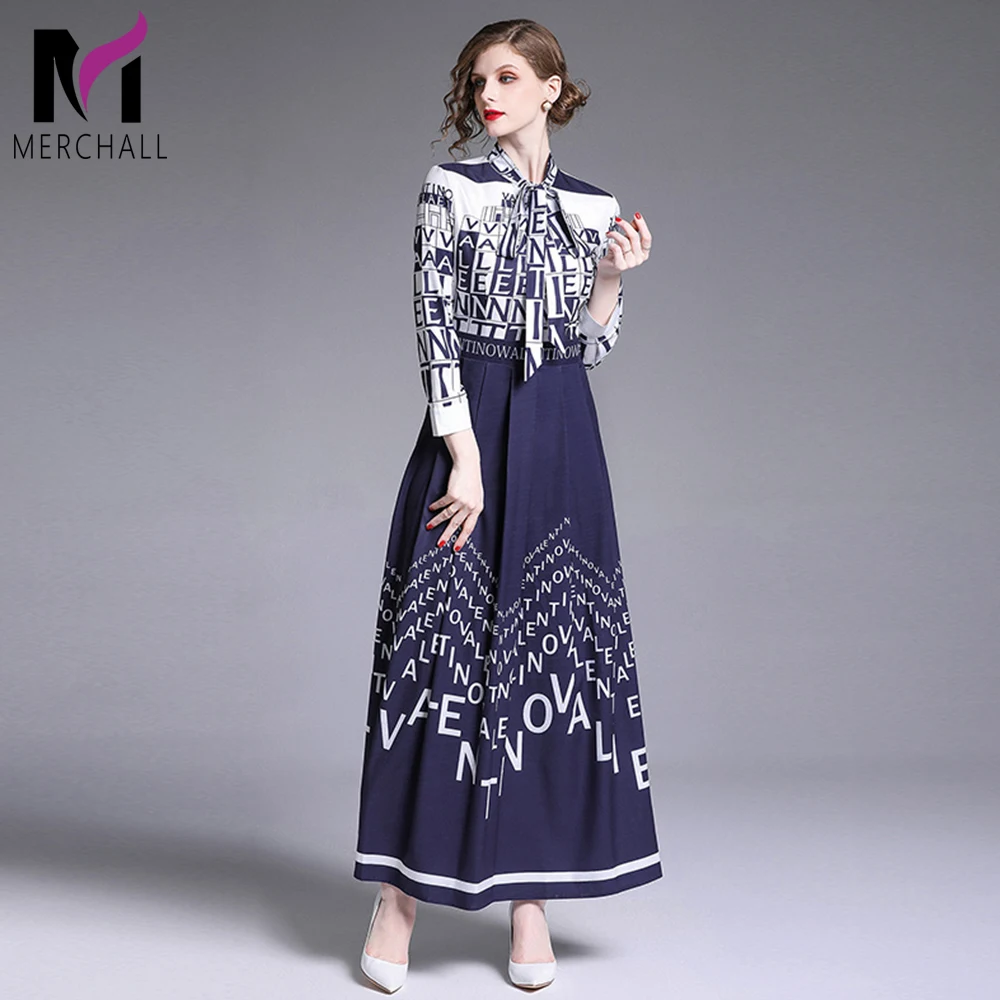 

2019 Spring Autumn Runway Maxi Dress Women's Long Sleeve Bow Collar Vintage Floral Letter Print Chiffon Party Holiday Long Dress