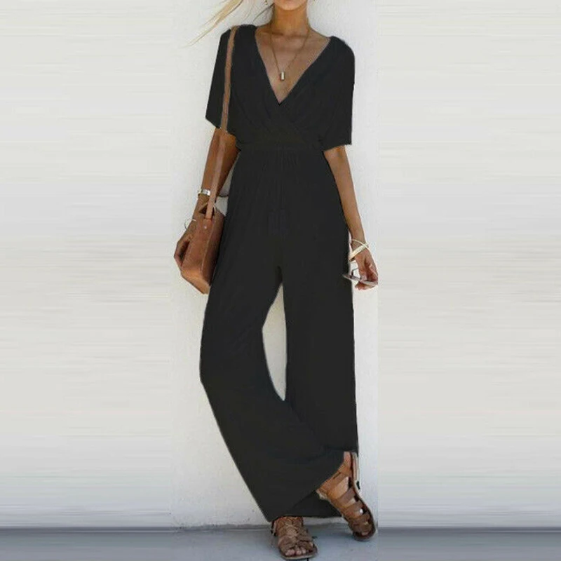 Summer Women Jumpsuit Romper Woman Short Sleeve V-Neck Casual Playsuits Overalls Ladies Wide Leg Loose Playsuits Party Overalls