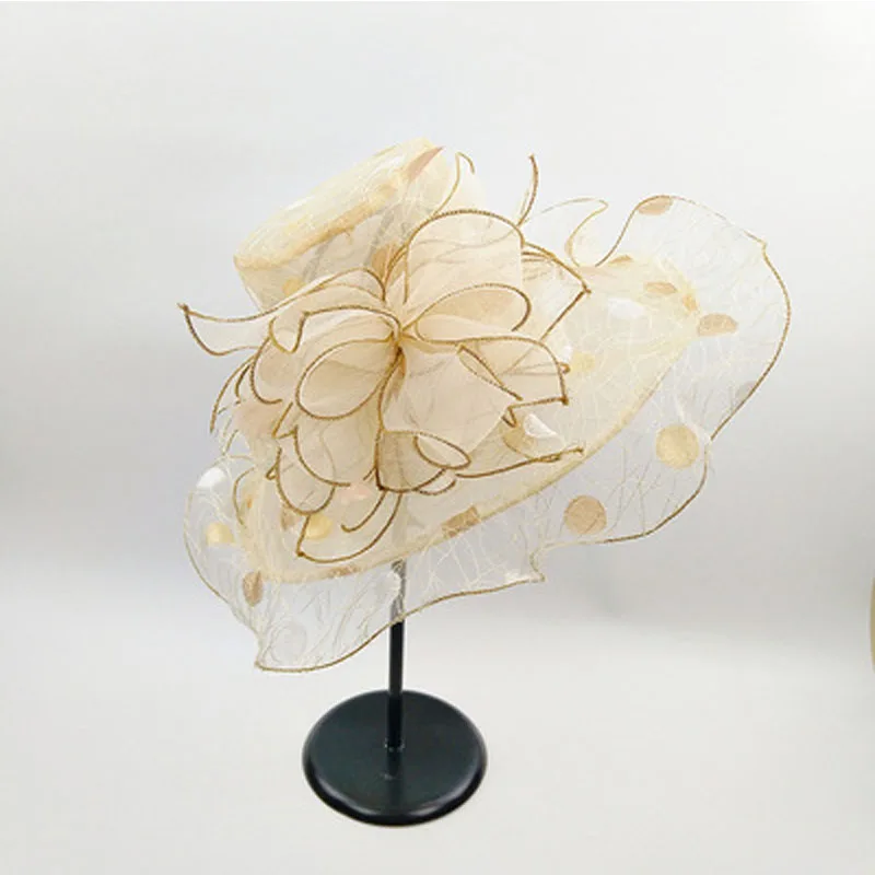 FS Летние свадебные шляпы из органзы для женщин Элегантный большой цветок шляпа от солнца с широкими полями Fedora пляжные церковные вечерние Кентукки шляпа котелок - Цвет: Beige White