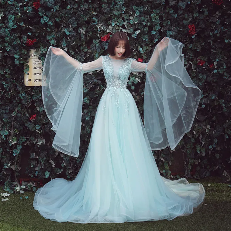 

100%real light blue big flare sleeve ruffle collar opera stage medieval dress Renaissance cosplay Victoria Antoinette/Belle Ball