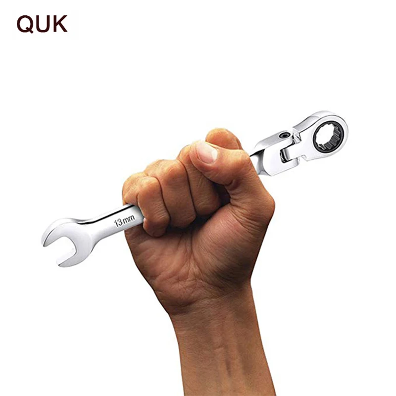 QUK Wrench 1Pcs Flexible Head Ratchet Metric Handle Spanners Open End And Ring Wrench 8-15mm Activity Dual Purpose 180`Hand tool1