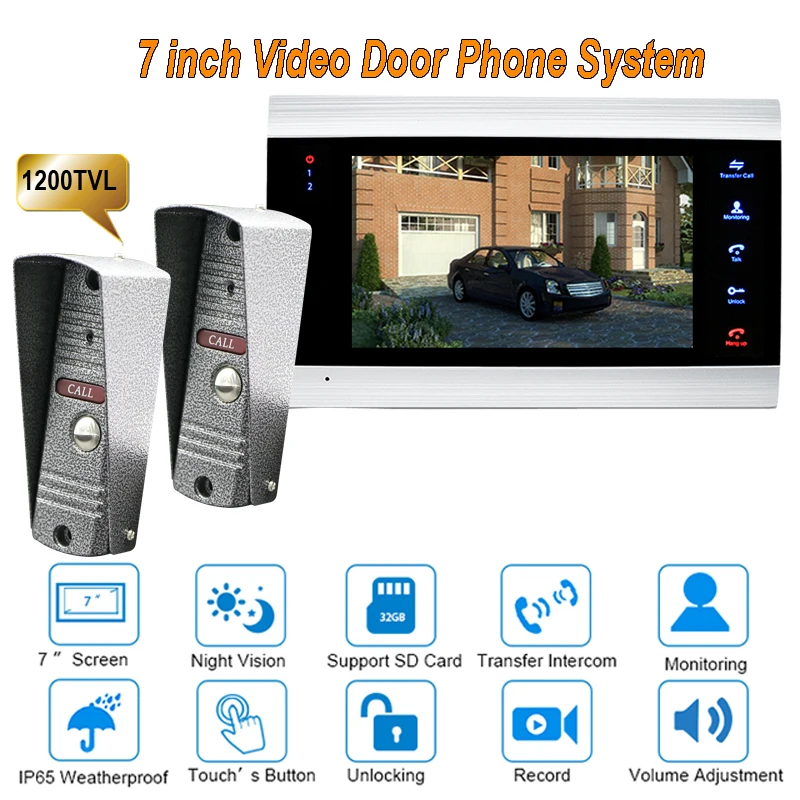 

New 7 inch 1200TVL Video Door Phone Doorbell Intercom system With IP65 Camera DoorPhone 2V1