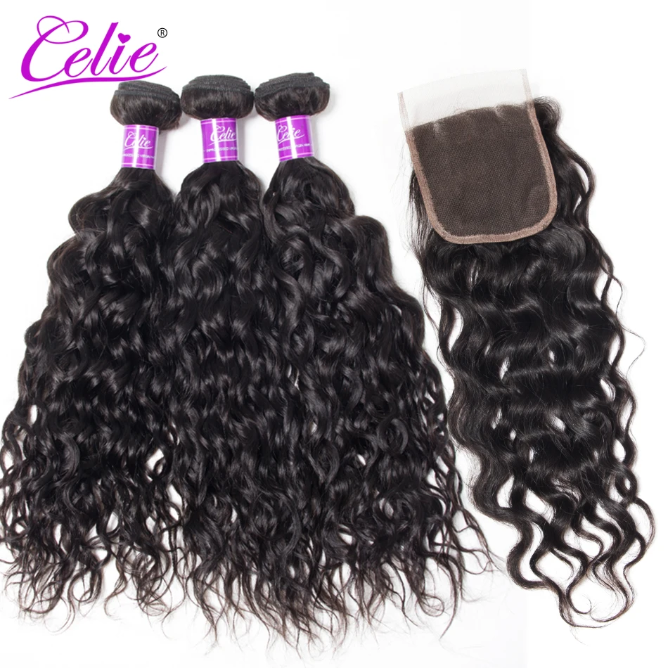 

Celie Hair Brazilian Hair Weave Bundles With Closure Water Wave 3 Bundles With Closure Remy Human Hair Bundles With Lace Closure