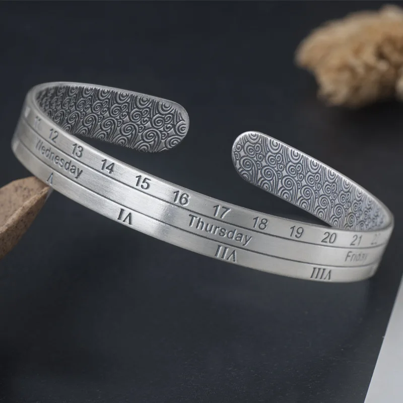 

999 Pure Silver Cuff Bangle Bracelet Rome Digital Hand Jewelry Antique Female Open Silver Bracelet Date Week