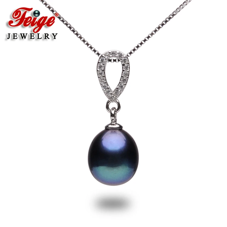 

FEIGE 8-9mm Rice Shape Black Freshwater Pearl Pendant Necklaces For Women's 100% 925 Sterling Silver Chain Fine Pearl Jewelry