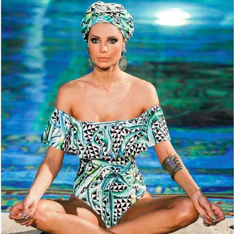 2016 sexy strapless mint green lace Flounce one piece swimsuit tribal