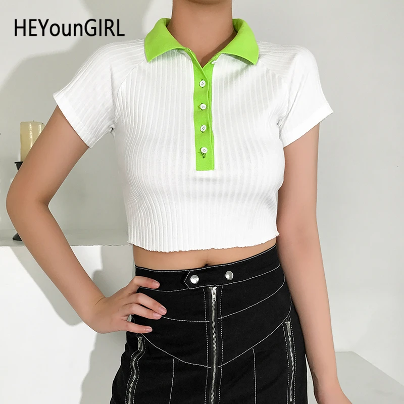 

HEYounGIRL Neon Turn-down Collar White T-shirt Women Casual Short Sleeve Crop Top T Shirt Ladies Harajuku Korean Tee Shirt Femme