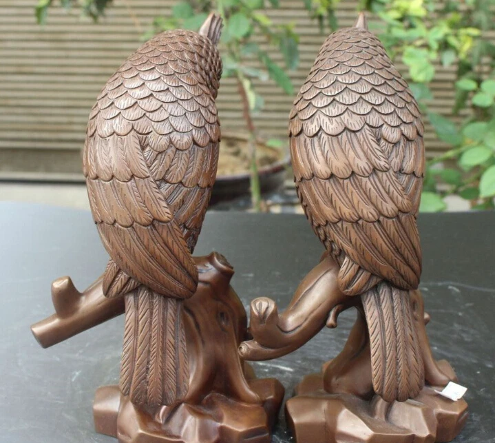 

S0175 10" Chinese Pure Bronze Famous Master Carving Parrot Kakapo d On Tree Pair