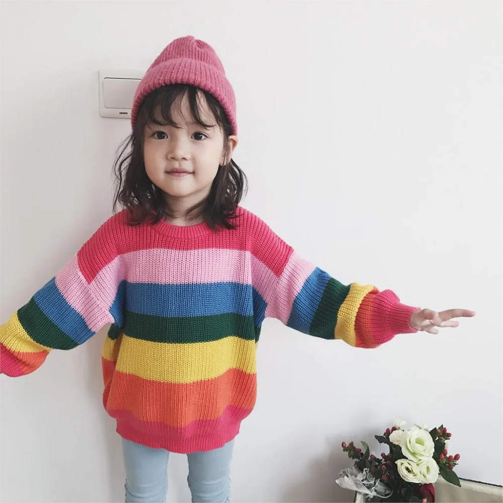 

Girls Sweater Rainbow Children Knitwear for 1 2 3 4 5 6 Years Autumn Winter Fashion Baby Girl Clothes Outerwear Kids Outfit