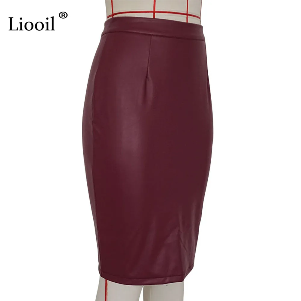 Liooil, женская черная юбка-карандаш из искусственной кожи, высокая талия, Осень-зима, на молнии, обтягивающие, сексуальные, облегающие, миди, офисные юбки для женщин, s, теплые