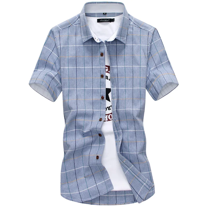 Новое поступление, мужская рубашка в клетку, повседневная, качественная, лето-осень, короткий рукав, Chemise Homme, верхняя одежда, облегающие рубашки, мужские M-5XL - Цвет: Blue