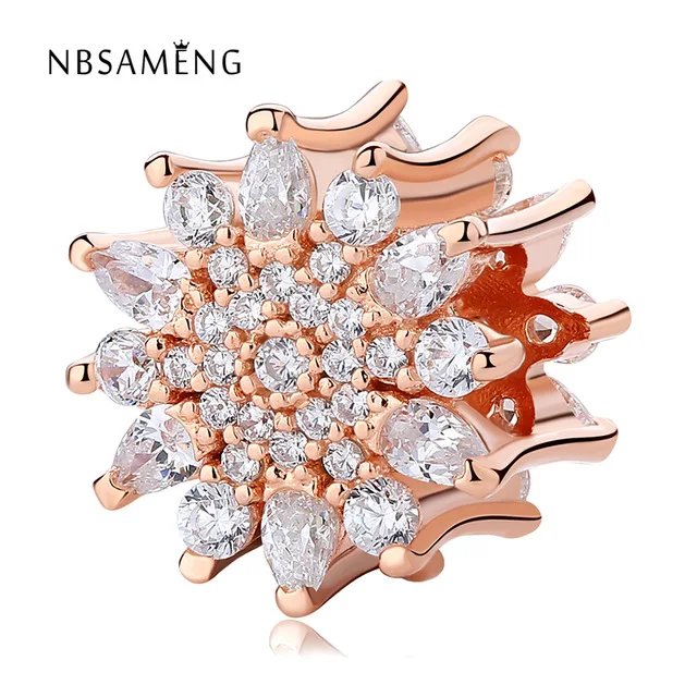 

New 925 Sterling Silver Rose Gold Color & Clear CZ Twelve Angle Star Beads Fit Pandora Original Bracelets & Bangles DIY Jewelry