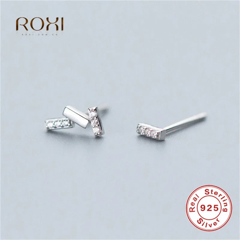 

ROXI 925 Sterling Silver Earrings Simple Long Line Stud Earrings With Zircon Asymmetrical Crystal Small Geometric Earring brinco