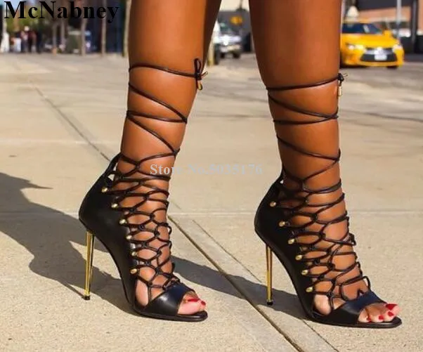 

McNabney Sexy Women Sandals Lace-Up Cross-tied Hollow Ankle Strap Stiletto Heel Peep Toe Summer Sandals Fashion New Women Shoes