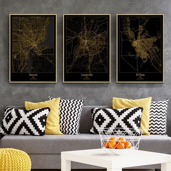 

USA city map Fresno city map Modern City Black and Gold City Maps Map Canvas Art Print Wall Pictures for Living Room No Frame