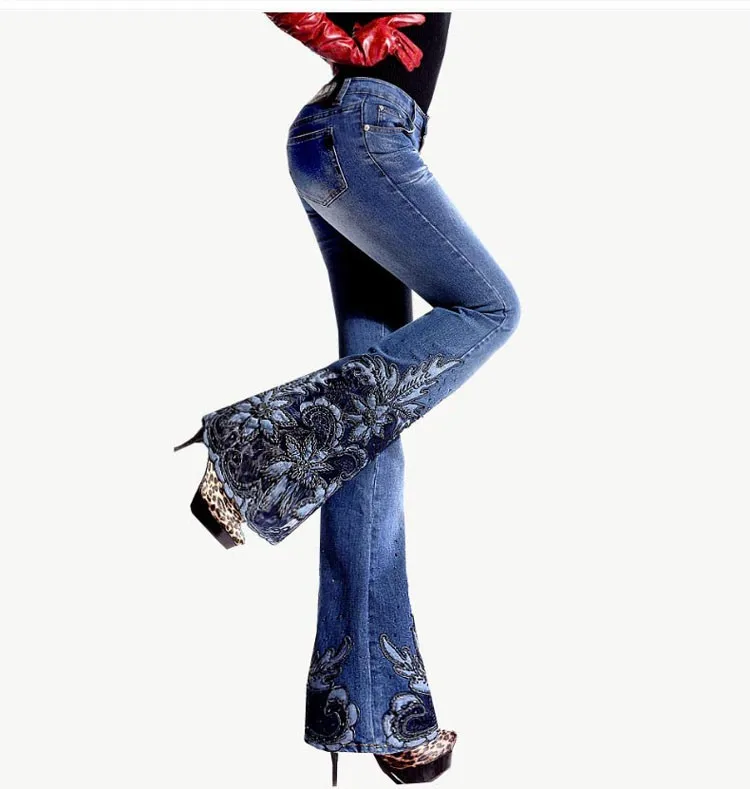 Для женщин весенние цветы вышивка женские брюки клёш National Wind/Бисер тонкие длинные джинсы расклешенные брюки из джинсовой ткани W032