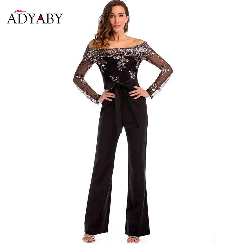 

Womens Sexy One-Sleeve Long-Sleeved Sequined Black Loose Jumpsuit With Belt 2019 New Long Pants Rompers Female