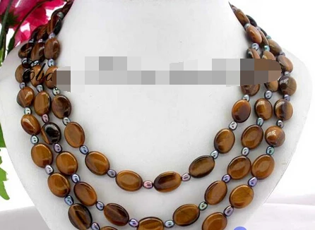

huij 0033151 3strands 7mm black rice pearl ellipse tiger's-eye Necklace