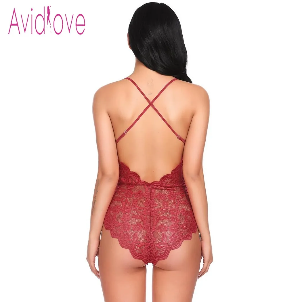 Avidlove Babydoll сексуальное горячее белье женское нижнее белье с v-образным вырезом и открытой спиной цветочный кружевной Цельный боди одежда для сна сексуальная одежда