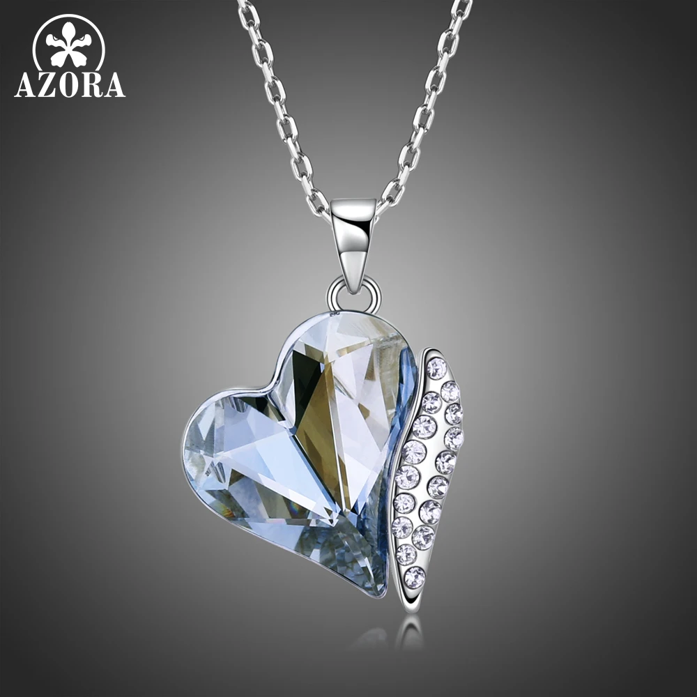 AZORA Elegant Women Blue Austrian Crystals Heart Dangle Pendants Female