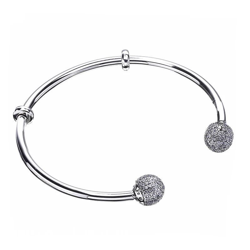 

Authentic 100% Real 925 Sterling Silver Moments Silver Open Bangle with Pave Ball Caps For Women Silver Jewelry